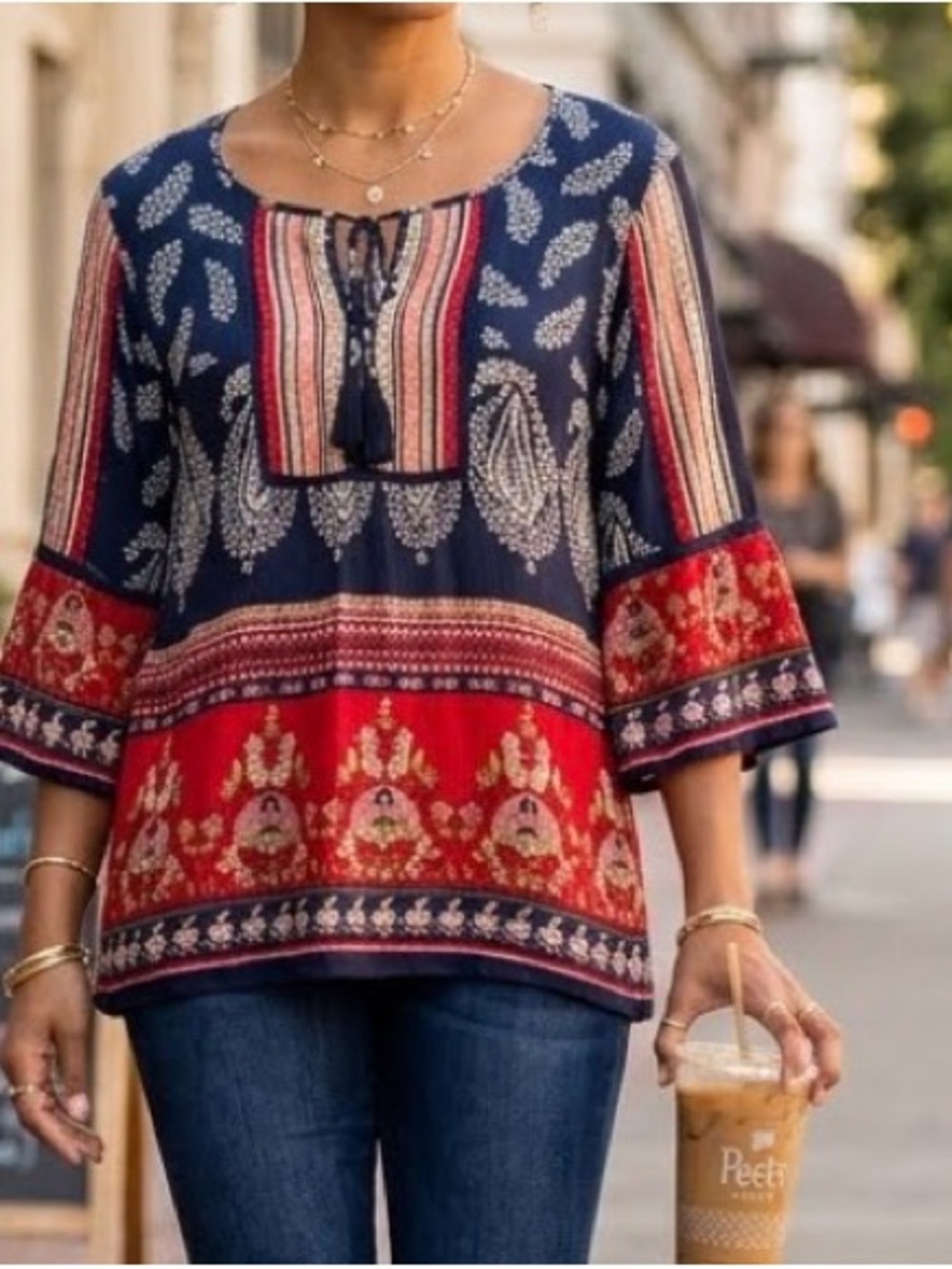 Bila Navy & Red Bohemian Paisley Tie-Front Tunic Top